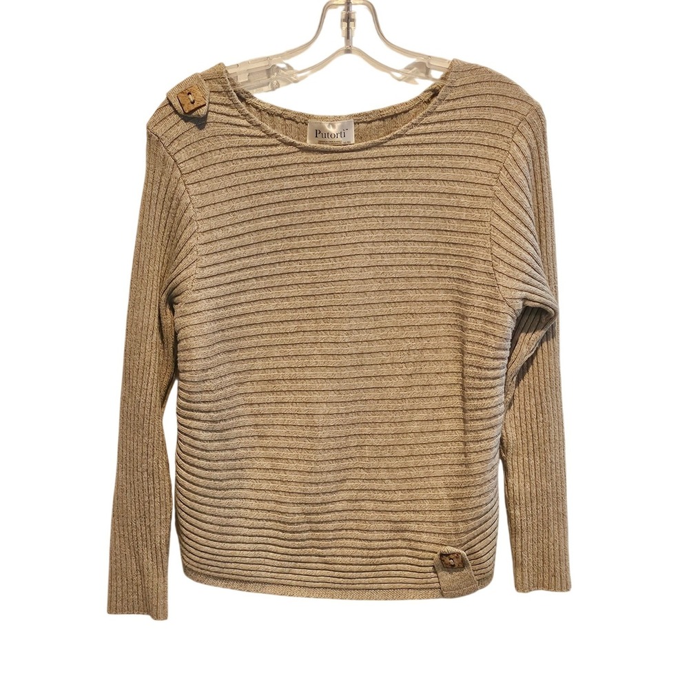 Putorti Knit Sweater Beige Horizontal Stripes Button Detail Womens XL